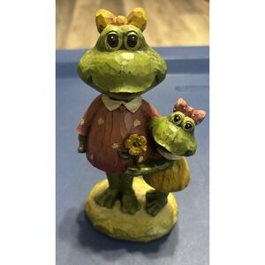 Vintage Hand Painted Frog Mother & Child Figurine Folk Art Cottage Garden Decor